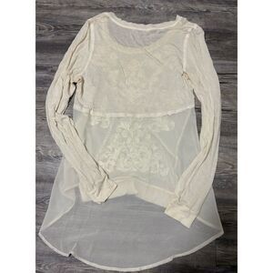 MNK Tunic M Cream Sheer Long Sleeve White Floral Applique Cottagecore Romantic